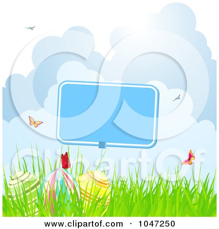 Royalty-Free (RF) Clip Art Illustration of Butterflies Over Easter Eggs And A Blank Sign In Grass by elaineitalia