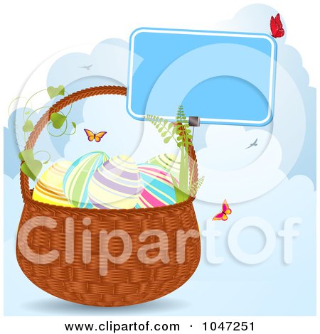 Royalty-Free (RF) Clip Art Illustration of Butterflies Around An Easter Basket With Clouds by elaineitalia