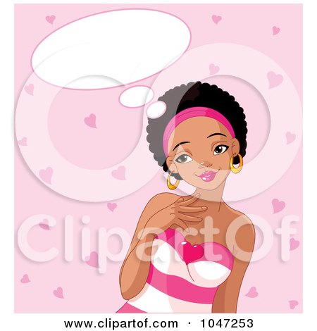 Royalty-Free (RF) Clip Art Illustration of a Black Girl With A Crush And Thought Balloon Over Pink With Hearts by Pushkin
