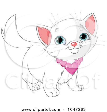 Royalty-Free (RF) Clip Art Illustration of a Cute White Kitten Wearing A Heart Collar by Pushkin