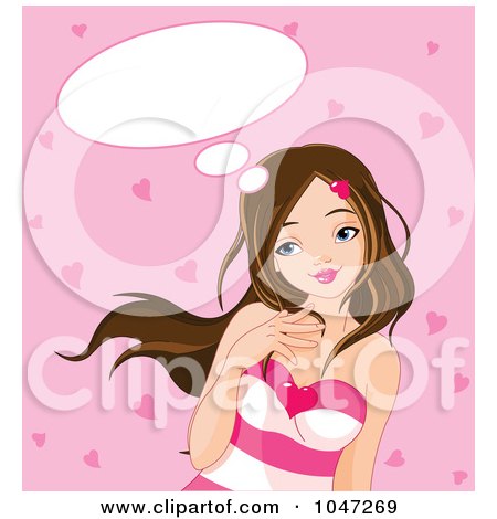 Royalty-Free (RF) Clip Art Illustration of a Girl With A Crush And Thought Balloon Over Pink With Hearts by Pushkin