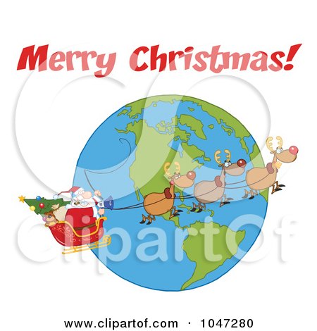 Royalty-Free (RF) Clip Art Illustration of Santa In Flight With His Reindeer And Sleigh Under Merry Christmas by Hit Toon