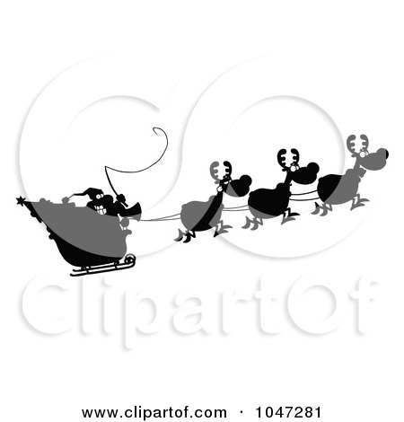 Royalty-Free (RF) Clip Art Illustration of A Black Silhouetted Santa In Flight With His Reindeer And Sleigh by Hit Toon