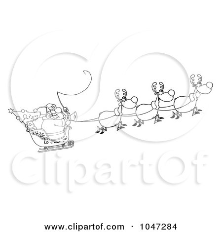 Royalty-Free (RF) Clip Art Illustration of An Outline Of Santa In Flight With His Reindeer And Sleigh by Hit Toon