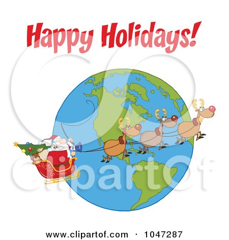 Royalty-Free (RF) Clip Art Illustration of Santa In Flight With His Reindeer And Sleigh Under Happy Holidays by Hit Toon