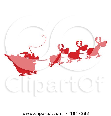 Royalty-Free (RF) Clip Art Illustration of A Red Silhouetted Santa In Flight With His Reindeer And Sleigh by Hit Toon