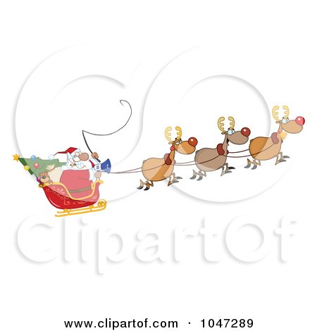 Royalty-Free (RF) Clip Art Illustration of Santa Claus In Flight With His Reindeer And Sleigh by Hit Toon