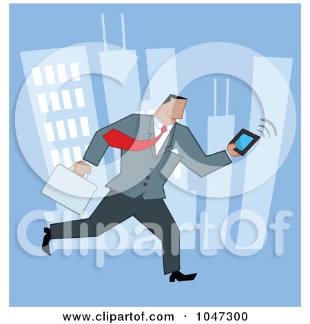 Royalty-Free (RF) Clip Art Illustration of a Businessman Running Through A City With A Briefcase And Tablet - 2 by Hit Toon