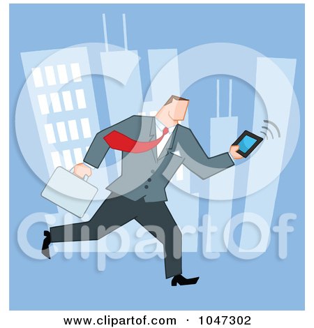 Royalty-Free (RF) Clip Art Illustration of a Businessman Running Through A City With A Briefcase And Tablet - 1 by Hit Toon