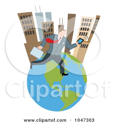 Royalty-Free (RF) Clip Art Illustration of a Businessman Running On An Urban Globe With A Briefcase And Tablet - 1 by Hit Toon