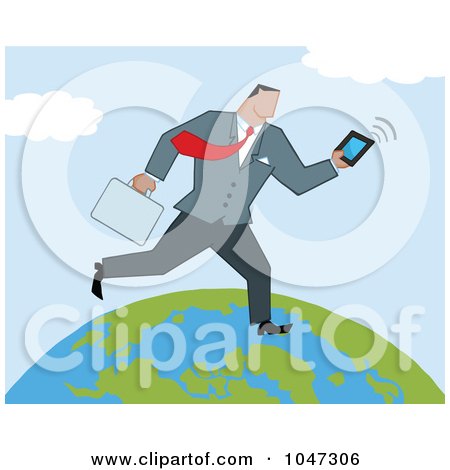 Royalty-Free (RF) Clip Art Illustration of a Businessman Running On A Globe With A Briefcase And Tablet - 2 by Hit Toon