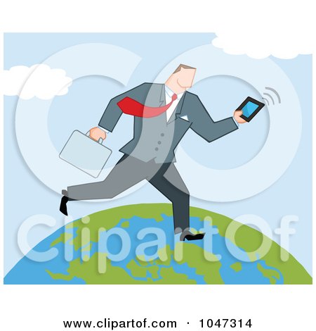 Royalty-Free (RF) Clip Art Illustration of a Businessman Running On A Globe With A Briefcase And Tablet - 1 by Hit Toon