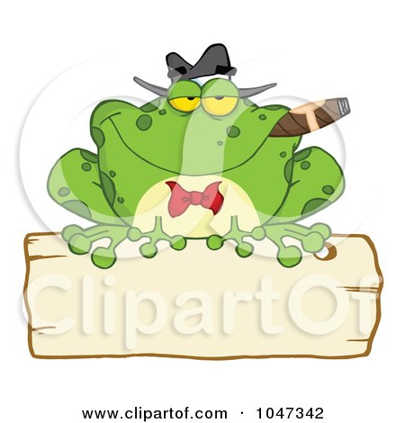 Royalty-Free (RF) Clip Art Illustration of a Frog Smoking A Cigar On A Wood Sigh by Hit Toon