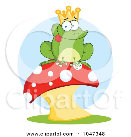 Royalty-Free (RF) Clip Art Illustration of a Frog Prince Sitting On A Mushroom Over Blue by Hit Toon
