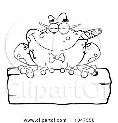 Royalty-Free (RF) Clip Art Illustration of an Outlined Frog Smoking A Cigar On A Wood Sigh by Hit Toon