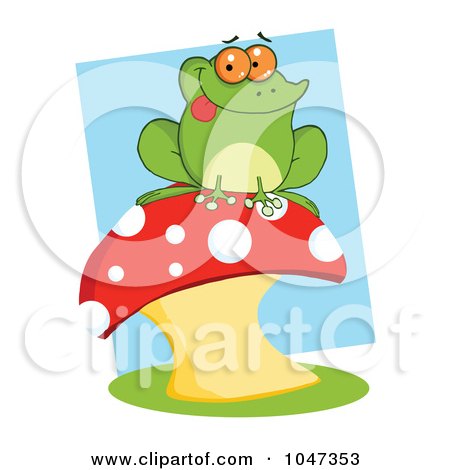 Royalty-Free (RF) Clip Art Illustration of a Frog Sitting On A Mushroom Over Blue by Hit Toon