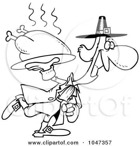 Royalty-Free (RF) Clip Art Illustration of a Cartoon Black And White Outline Design Of A Pilgrim Carrying A Hot Turkey by toonaday
