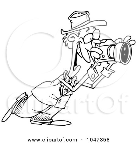 Royalty-Free (RF) Clip Art Illustration of a Cartoon Black And White Outline Design Of A Happy Photographer by toonaday