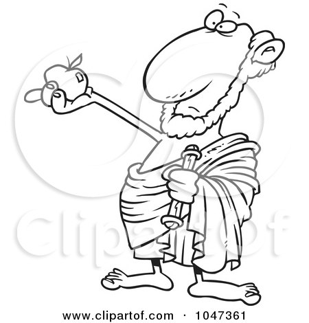 Royalty-Free (RF) Clip Art Illustration of a Cartoon Black And White Outline Design Of A Philosopher Holding An Apple by toonaday