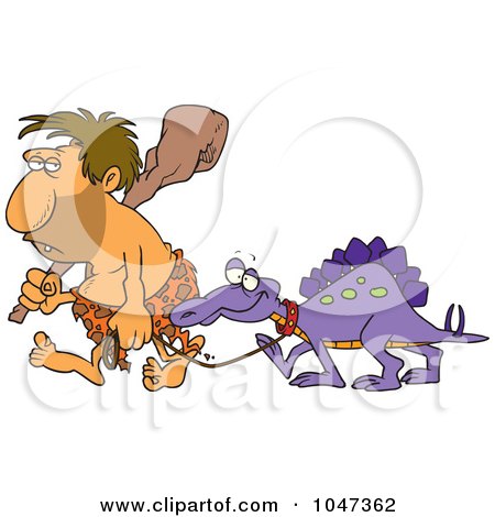 Royalty-Free (RF) Clip Art Illustration of a Cartoon Caveman Walking His Dinosaur by toonaday