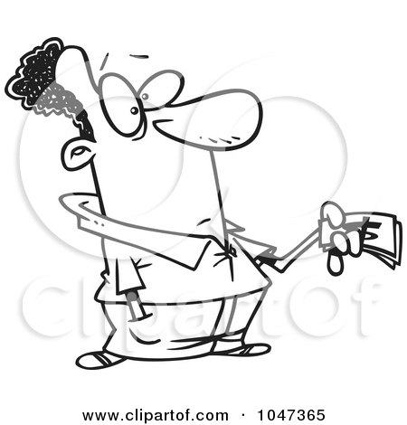 Royalty-Free (RF) Clip Art Illustration of a Cartoon Black And White Outline Design Of A Cautious Man Paying by toonaday