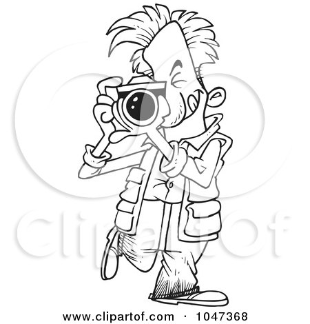 Royalty-Free (RF) Clip Art Illustration of a Cartoon Black And White Outline Design Of A Snappy Photographer by toonaday