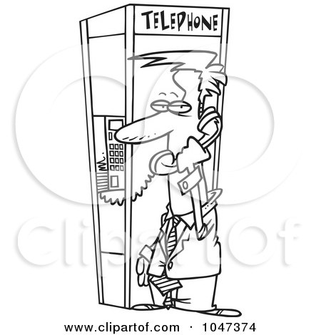 Royalty-Free (RF) Clip Art Illustration of a Cartoon Black And White Outline Design Of A Businessman In A Phone Booth by toonaday