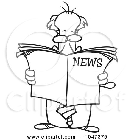Royalty-Free (RF) Clip Art Illustration of a Cartoon Black And White Outline Design Of A Standing Businessman Reading The News by toonaday