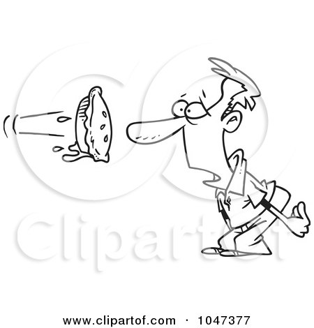 Royalty-Free (RF) Clip Art Illustration of a Cartoon Black And White Outline Design Of A Pie Flying At A Man's Face by toonaday