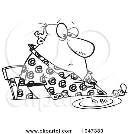 Royalty-Free (RF) Clip Art Illustration of a Cartoon Black And White Outline Design Of A Fat Man Eating Peas by toonaday