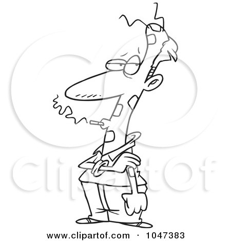 Royalty-Free (RF) Clip Art Illustration of a Cartoon Black And White Outline Design Of A Smoking Man Wearing Patches by toonaday