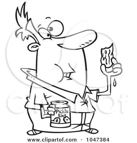 Royalty-Free (RF) Clip Art Illustration of a Cartoon Black And White Outline Design Of A Messy Man Eating Pickles by toonaday