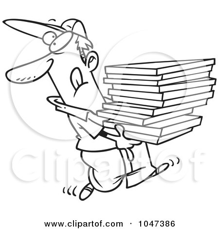 Royalty-Free (RF) Clip Art Illustration of a Cartoon Black And White Outline Design Of A Goofy Pizza Delivery Boy by toonaday