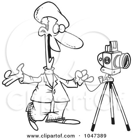 Royalty-Free (RF) Clip Art Illustration of a Cartoon Black And White Outline Design Of A Friendly Photographer by toonaday