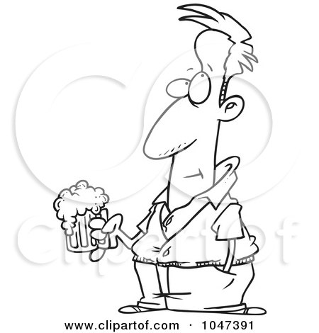 Royalty-Free (RF) Clip Art Illustration of a Cartoon Black And White Outline Design Of A Pensive Man Holding A Beer by toonaday