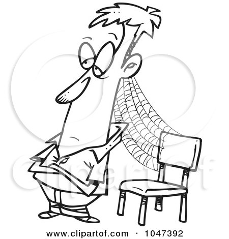 Royalty-Free (RF) Clip Art Illustration of a Cartoon Black And White Outline Design Of A Patient Man With Cobwebs By A Chair by toonaday