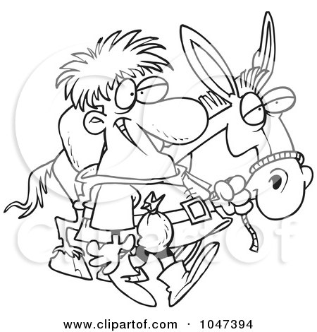 Royalty-Free (RF) Clip Art Illustration of a Cartoon Black And White Outline Design Of A Peddlar With A Donkey by toonaday