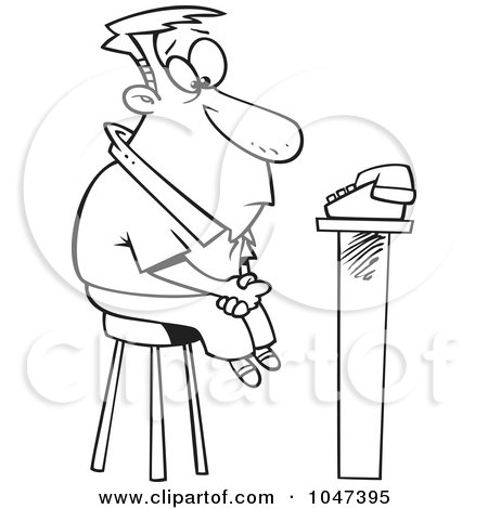 Royalty-Free (RF) Clip Art Illustration of a Cartoon Black And White Outline Design Of A Man Waiting For A Phone Call by toonaday