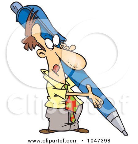 Royalty-Free (RF) Clip Art Illustration of a Cartoon Businessman Holding A Huge Pen by toonaday