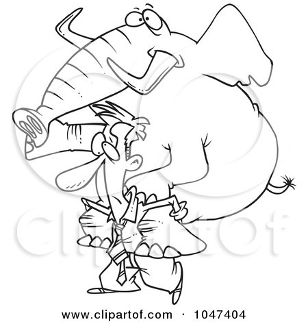 Royalty-Free (RF) Clip Art Illustration of a Cartoon Black And White Outline Design Of A Businessman Giving An Elephant A Piggy Back Ride by toonaday