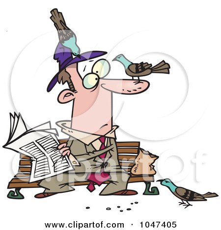Royalty-Free (RF) Clip Art Illustration of Cartoon Pigeons On A Man Reading The Newspaper by toonaday