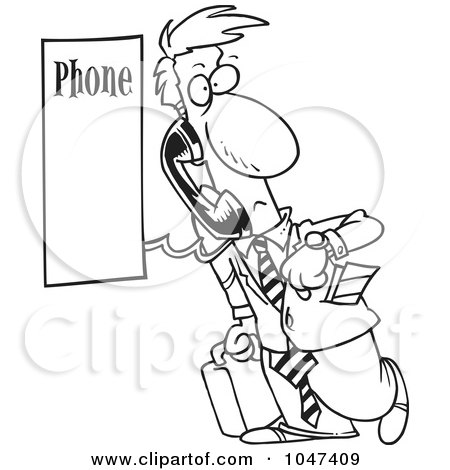 Royalty-Free (RF) Clip Art Illustration of a Cartoon Black And White Outline Design Of A Businessman Using A Pay Phone by toonaday
