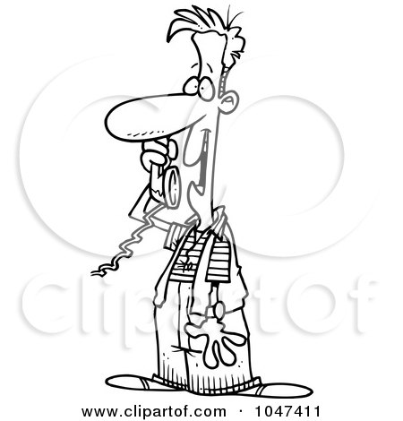 Royalty-Free (RF) Clip Art Illustration of a Cartoon Black And White Outline Design Of A Man On The Phone by toonaday