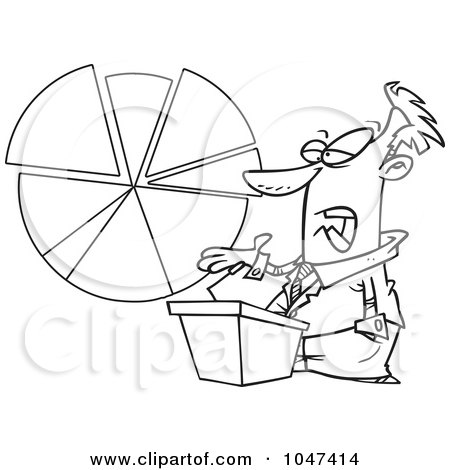 Royalty-Free (RF) Clip Art Illustration of a Cartoon Black And White Outline Design Of A Businessman Discussing A Pie Chart by toonaday