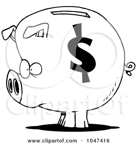 Royalty-Free (RF) Clip Art Illustration of a Cartoon Black And White Outline Design Of A Dollar Symbol On A Piggy Bank by toonaday
