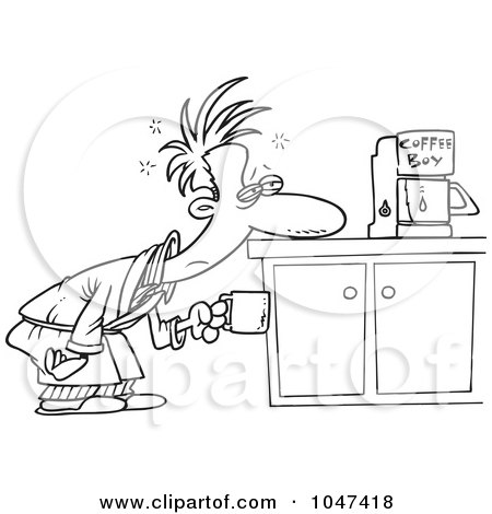 Royalty-Free (RF) Clip Art Illustration of a Cartoon Black And White Outline Design Of A Man Patiently Waiting For A Coffee Maker by toonaday