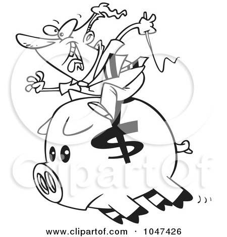 Royalty-Free (RF) Clip Art Illustration of a Cartoon Black And White Outline Design Of A Businessman Riding A Piggy Bank by toonaday