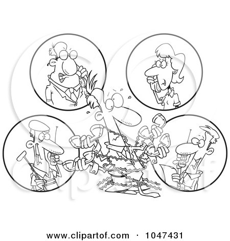 Royalty-Free (RF) Clip Art Illustration of a Cartoon Black And White Outline Design Of A Tangled Man Holding Multiple Phone Conversations by toonaday