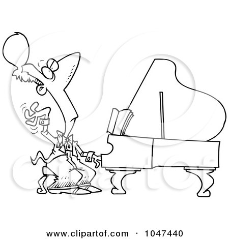 Royalty-Free (RF) Clip Art Illustration of a Cartoon Black And White Outline Design Of A Fancy Pianist by toonaday