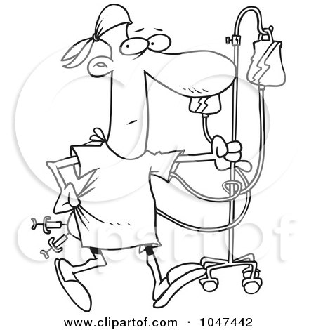 Royalty-Free (RF) Clip Art Illustration of a Cartoon Black And White Outline Design Of A Hospital Patient With Needles In His Butt by toonaday
